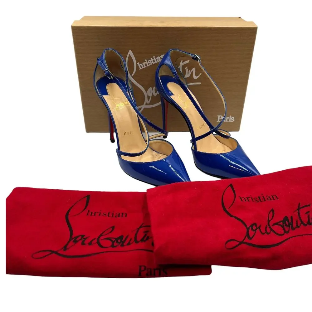 Christian Louboutin Pumps Heels Cross Blake 100 Patent Leather Electric Blue 37